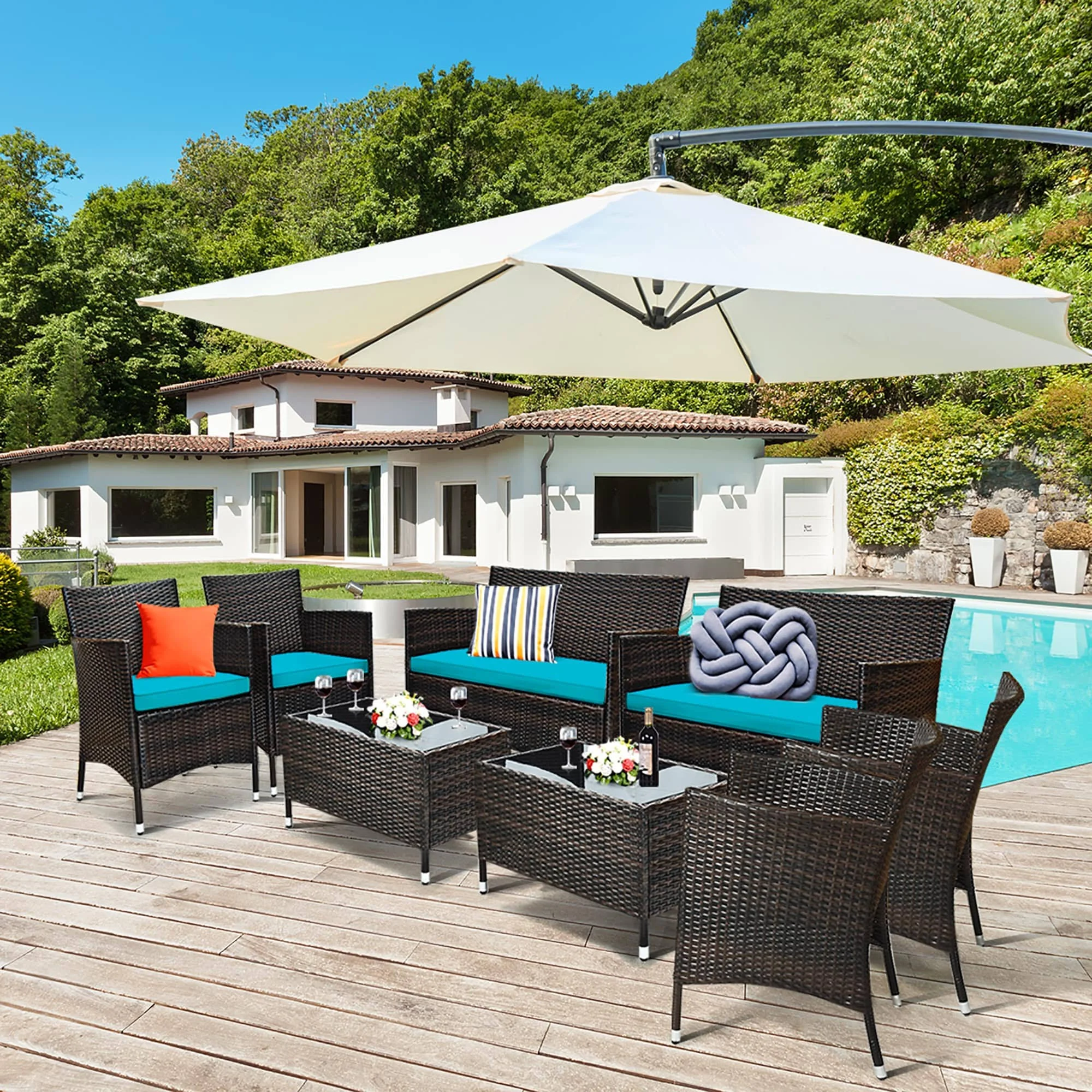 Costway 8pcs Rattan Patio Furniture Set Cushioned Sofa Chair Coffee - See Details - Turquoise