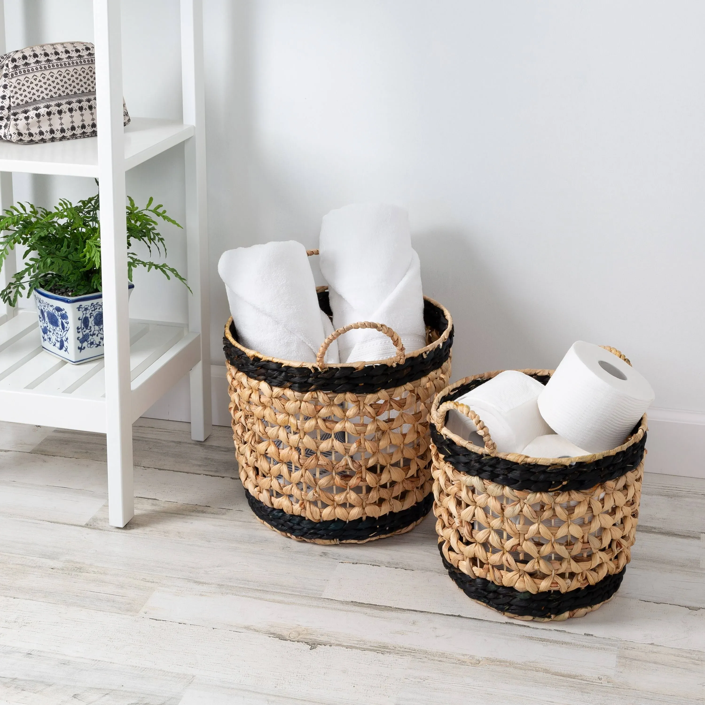 Honey-Can-Do Set of 2 Round Decorative Wicker Baskets with Handles, Natural/Black STO-09847 Natural