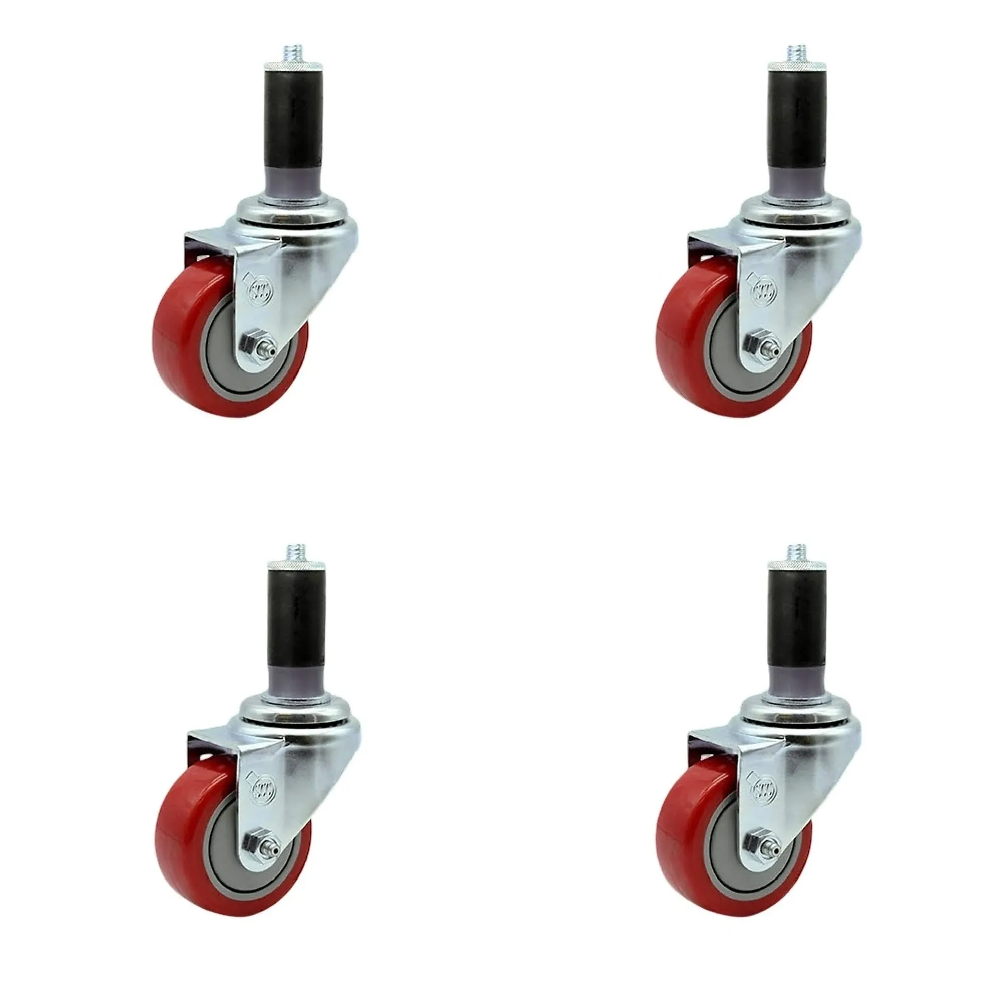 Polyurethane Swivel Expanding Stem Caster Set of 4 with 3 Inch Red Wheels and 1-1/4" Stems - 300 lbs. Capacity Per Caster - Service Caster Brand