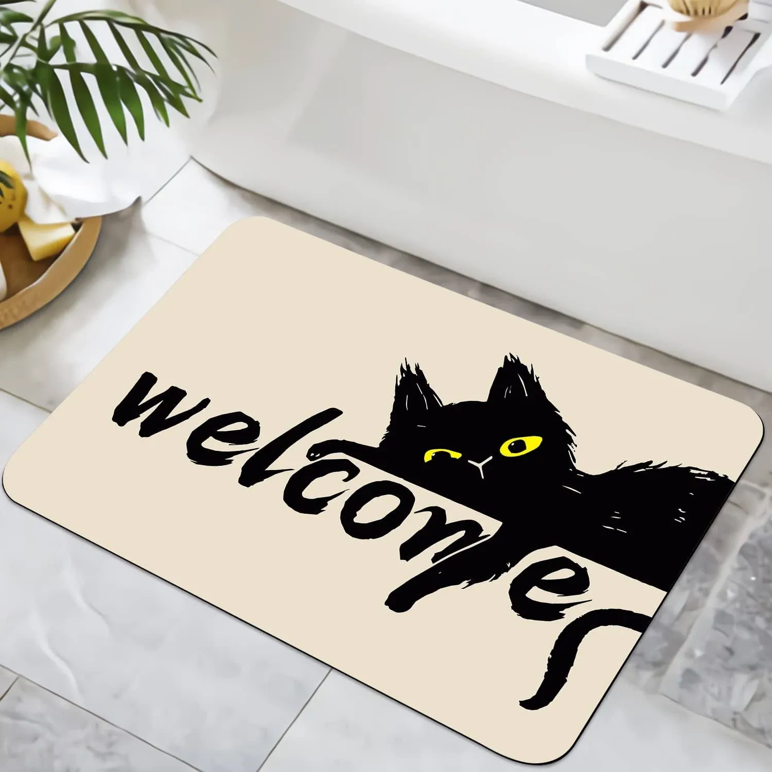 Cute Cat Bathroom Rugs Non Slip Washable Black Cat Bath Mat Small Thin Rubber Floor Mats Fit Under Door 16"x24"