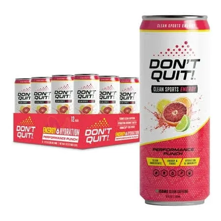 Don’T Quit Clean Sports Energy Drink - 150 Milligrams of Natural Caffeine with Coconut Water and Electrolytes for Hydration and Cognizin® for Attention and Focus - (Performance Punch, 12 Pack)