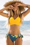 Cupshe Lemon Print Bottoms and Solid Bikini Top S Yellow and Blue