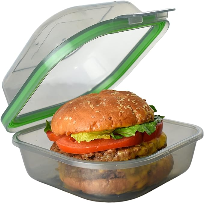 Mygo Container Bun Sized To-Go Compartment Container, 5-1/2" x 5-1/2" x 3-1/2" Reusable, Microwave Safe, NSF Certified, Smoke/Green