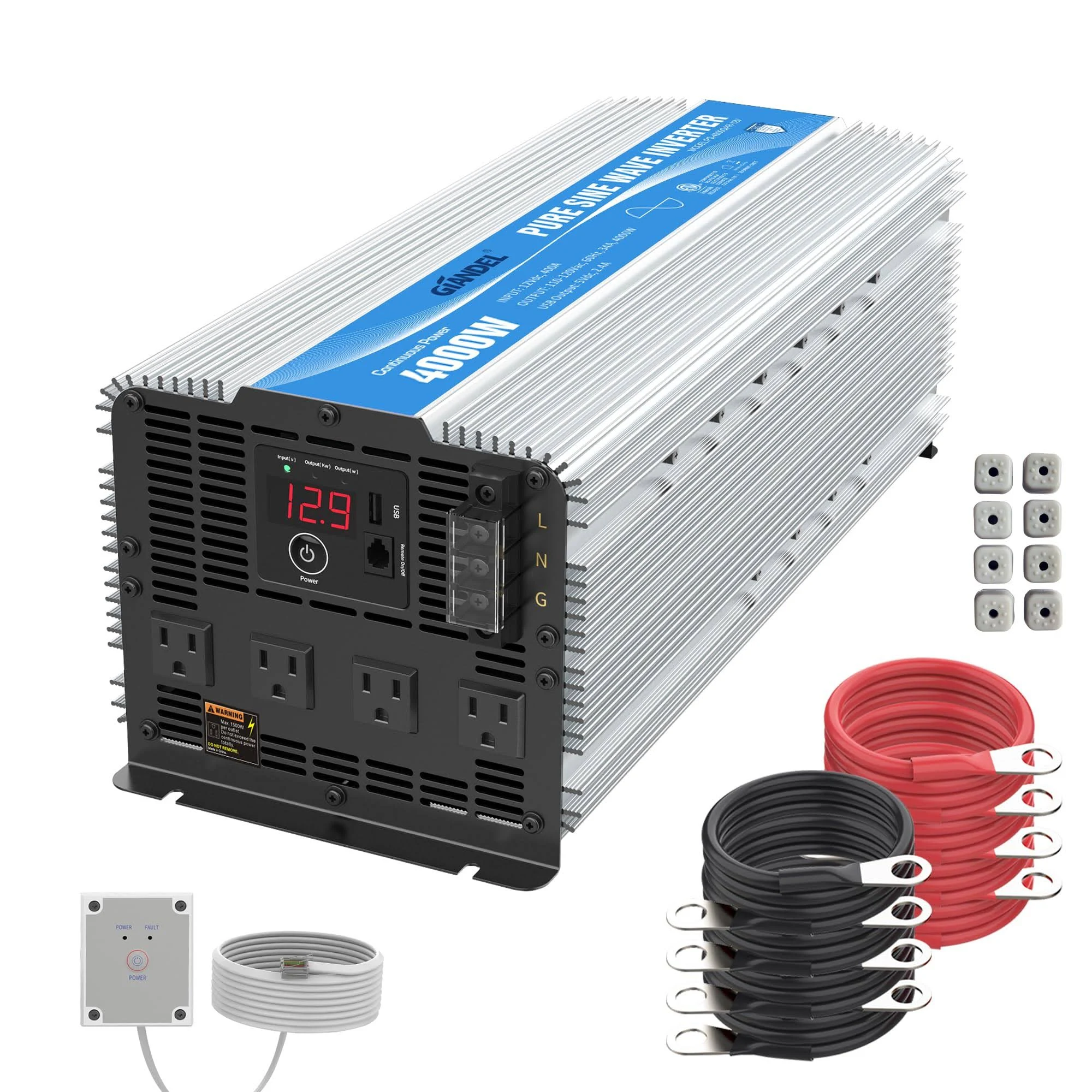 Giandel 4000W Heavy Duty Pure Sine Wave Power Inverter DC12V to AC120V with 4 AC Outlets with Remote Control 2.4a USB and LED Display