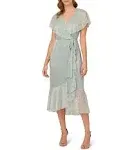 Shop Adrianna Papell Metallic Flutter Sleeve Faux Wrap Dress In Sea Glass