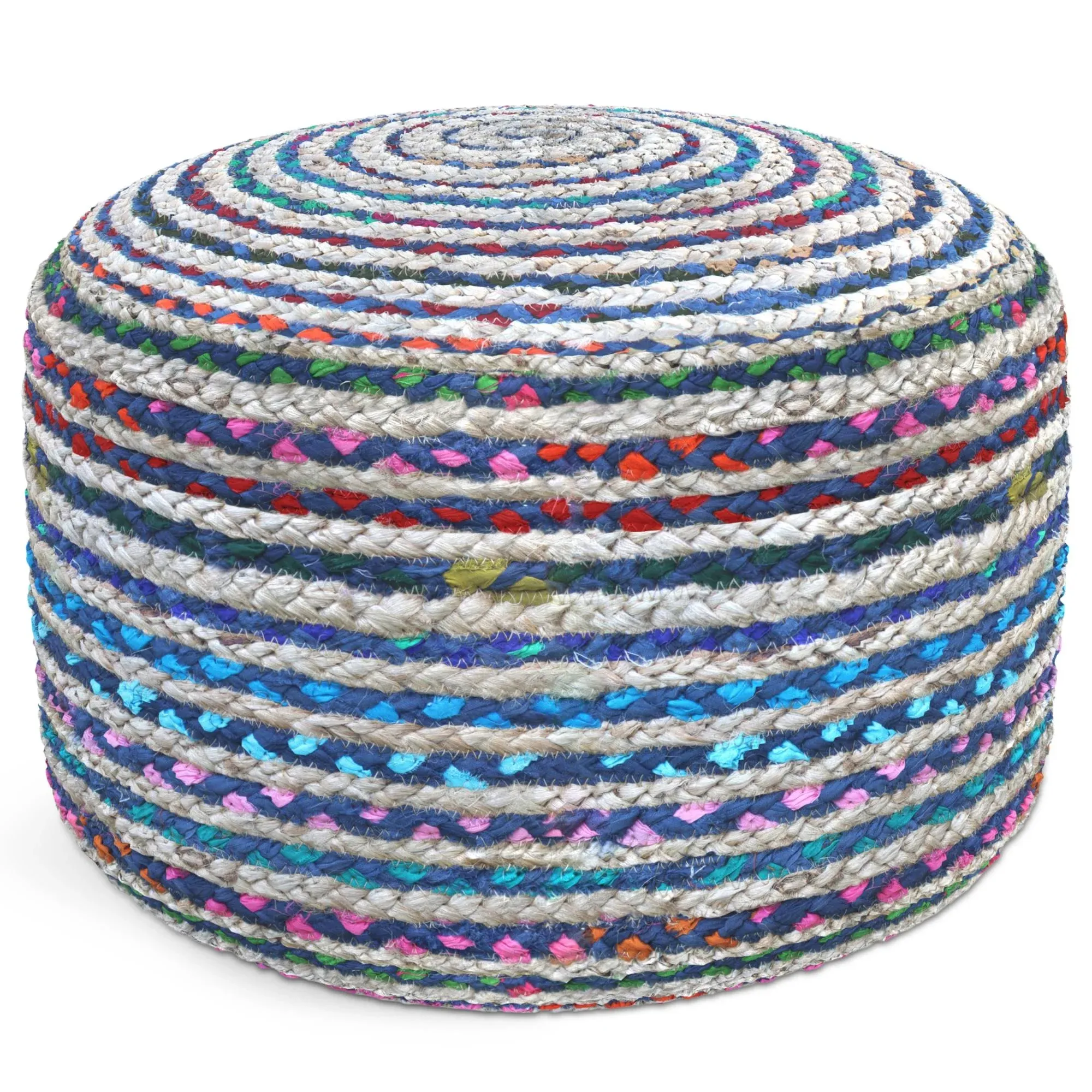 Simpli Home Margo Braided Jute Round Pouf in Multi Color