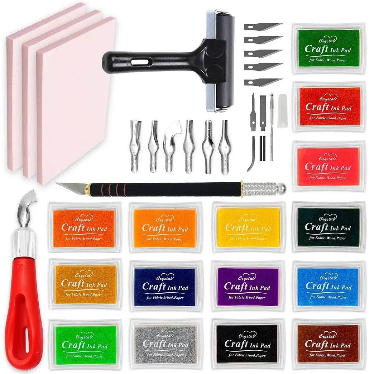 Pixiss Stamp Carving Kit, 3 Rubber Blocks, Brayer, Lino Carving Tool, Precision Knife Kit, 15 Stamp Ink Pads