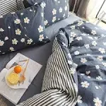 HighBuy Vintage Flower Printed Bedding Duvet Cover Set King Cotton Sateen Romantic Floral Duvet Cover and Pillow Shams Reversible Striped Bedding Set