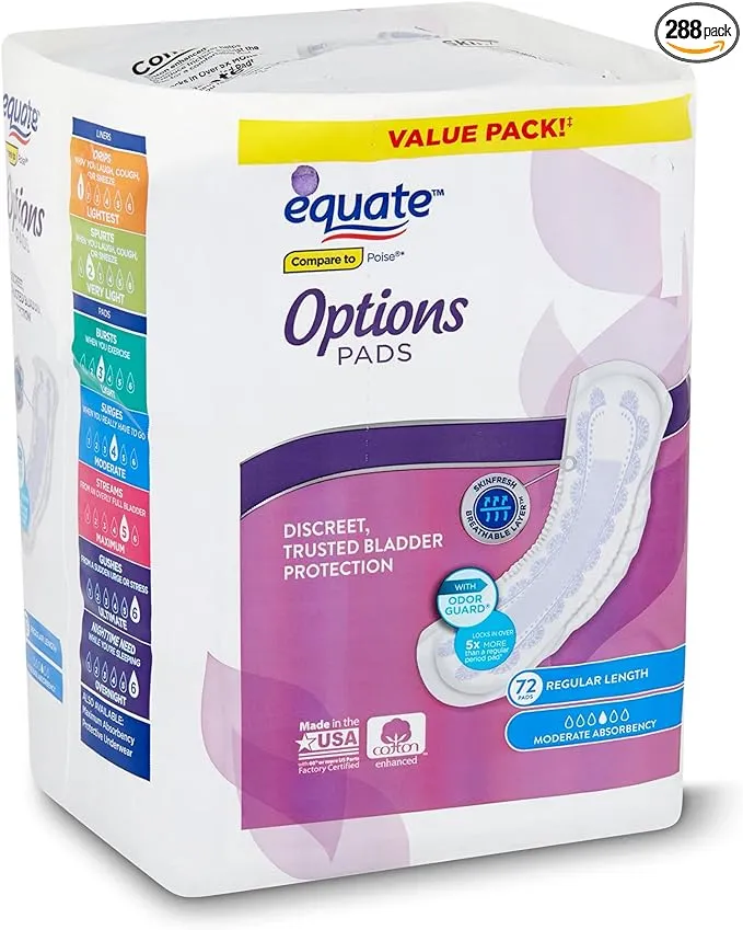 Assuranc Equate Options Women's Moderate-Regular Incontinence Pads, 72 Count (Pack of 4 | Total of 288 Ct)