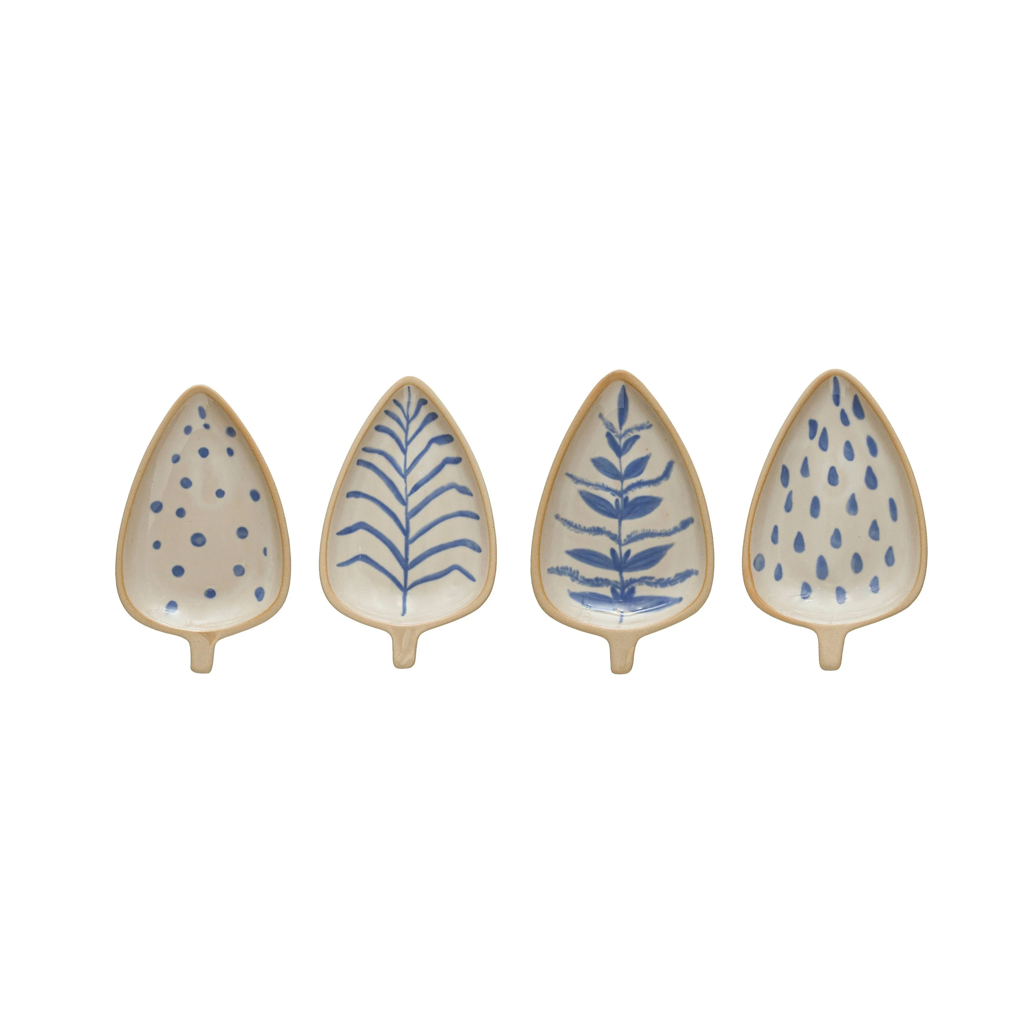 Storied Home Blue and Ivory Stoneware Leaf Shaped Dishes with Painted Design (Set ...