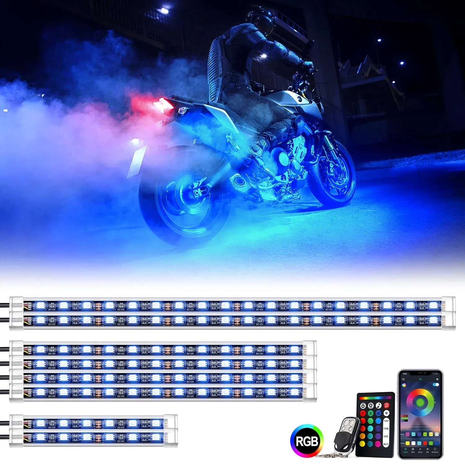 8 Pcs Motorcycle RGB LED Neon Under Glow Lights Strips Kit For Harley Honda