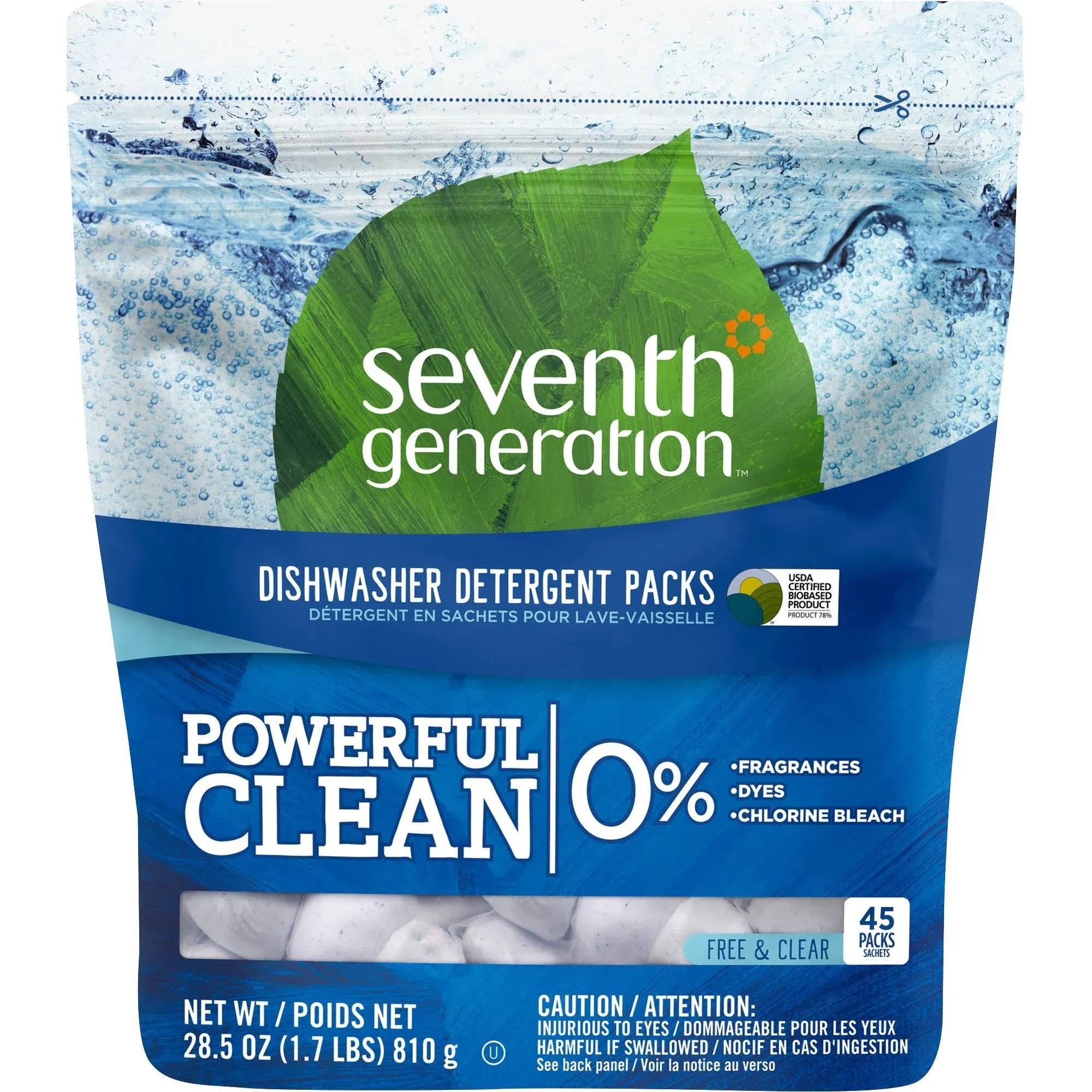 Seventh Generation Dishwasher Detergent, Free & Clear, 45 Packs - 45 packs, 28.5 oz