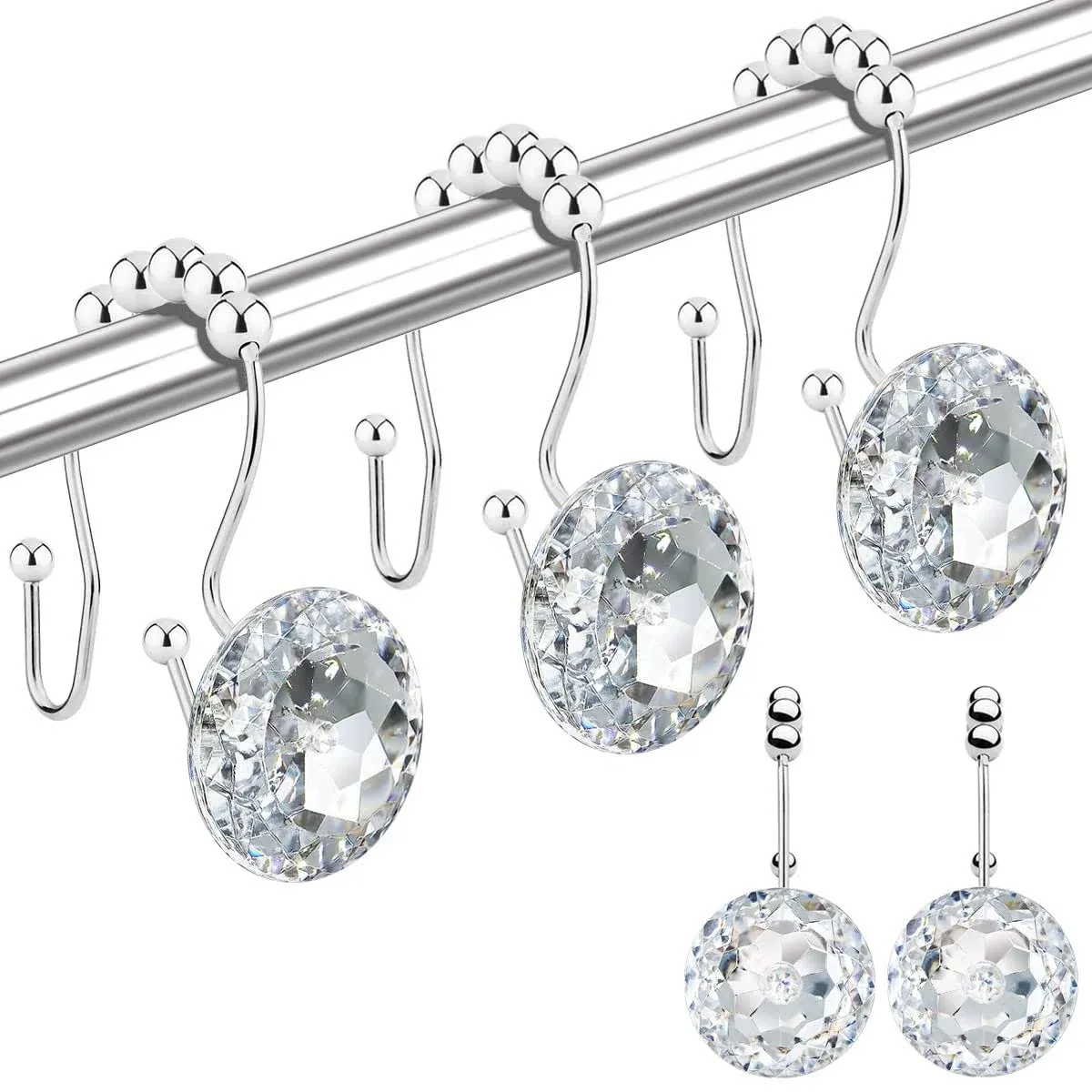 Shower Curtain Hooks Rings for Bathroom, 12PCS Double Hooks Glide Anti Rust Crystal Rhinestones Shower Curtain Rings Hangers for Shower Curtains, Clothing, Towels, etc. (Clear) (Clear)