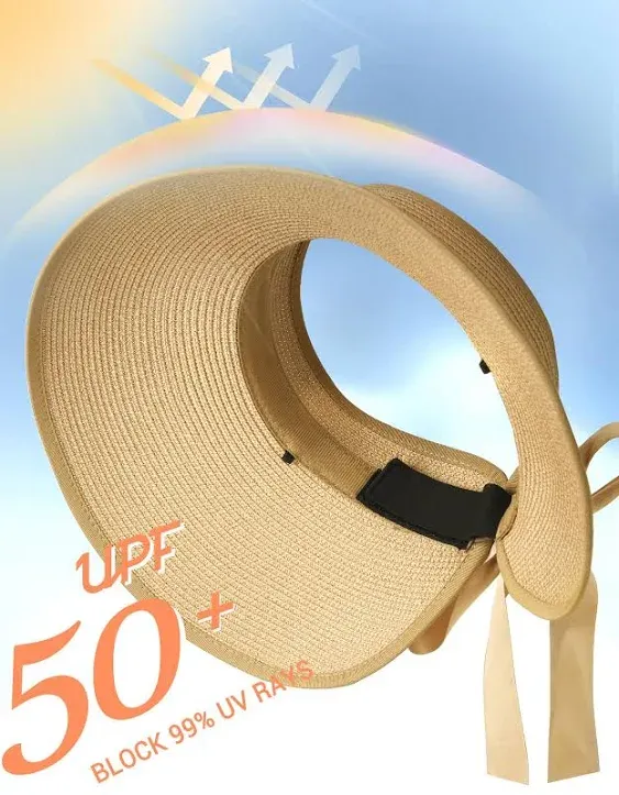 Camptrace UPF 50+ Sun Visors for Women Wide Brim Beach Hat Foldable Straw Visor Hat Ponytail Summer Packable