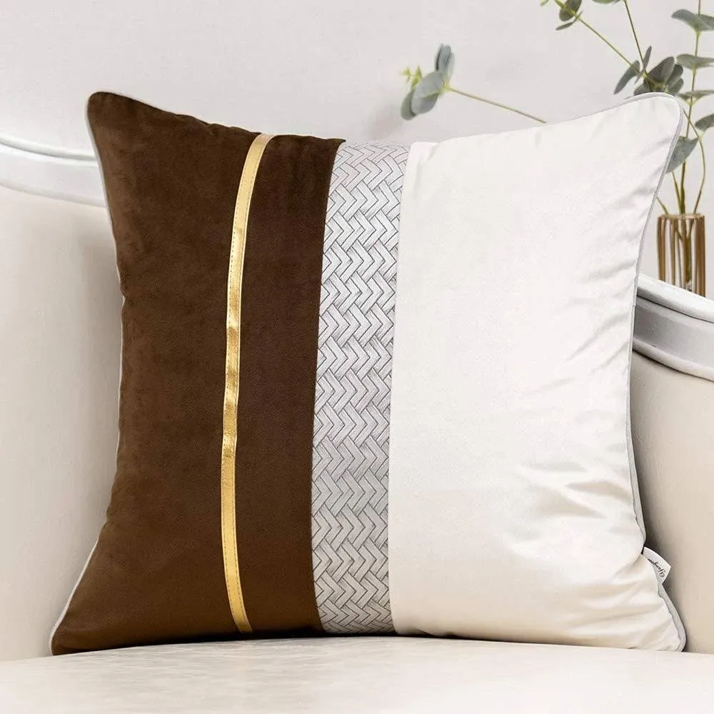 Yangest Coffee Brown Patchwork Velvet Throw Pillow Cover with Gold Striped ...