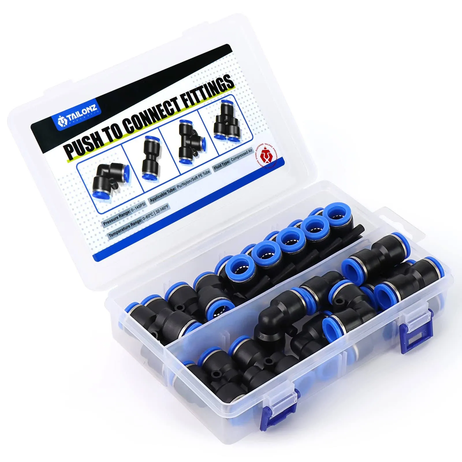 TAILONZ Pneumatic 1/2 inch OD Push to Connect Fittings Pneumatic Fittings Kit 5 Spliters+5 Elbows+5 tee+5 Straight (20 Pcs)