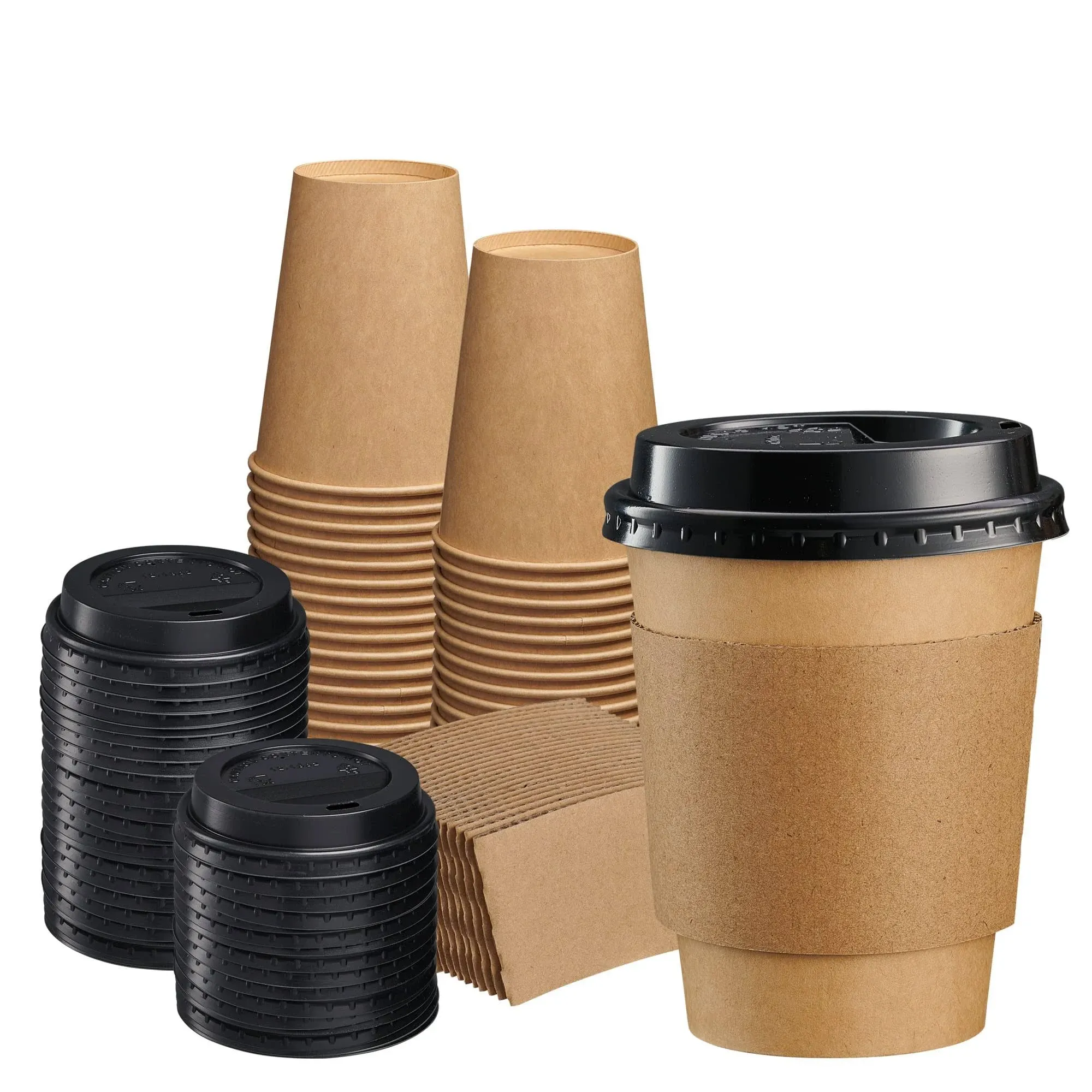 Gusto 12 oz Kraft Paper Coffee Cups with Black Lids & Coffee Sleeves, 50-Pack