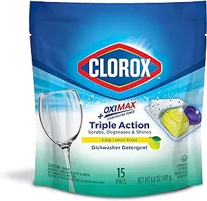 Clorox Triple Action +OxiMax Dishwasher Detergent Pacs, 15 Count Dishwashing Pacs, Lemon Scent