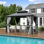 Amopatio 10' x 12' Hardtop Gazebo, Galvanized Steel Double Roof Permanent Aluminum Metal Gazebos with Curtain & Mosquito Netting for Patio, Deck and