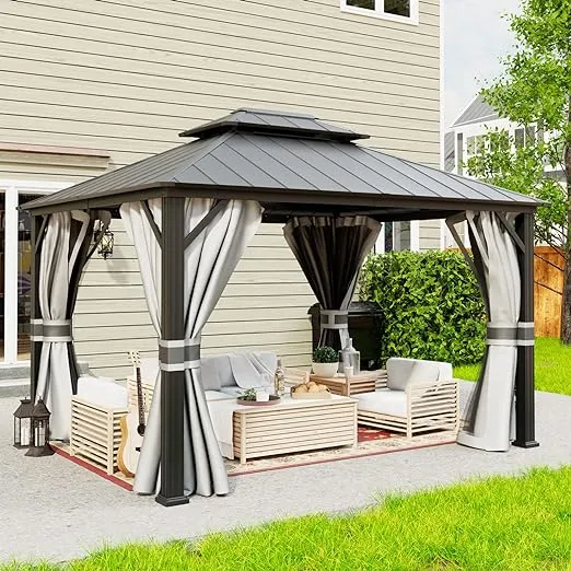 Amopatio 10' x 12' Hardtop Gazebo, Galvanized Steel Double Roof Permanent Aluminum Metal Gazebos with Curtain & Mosquito Netting for Patio, Deck and