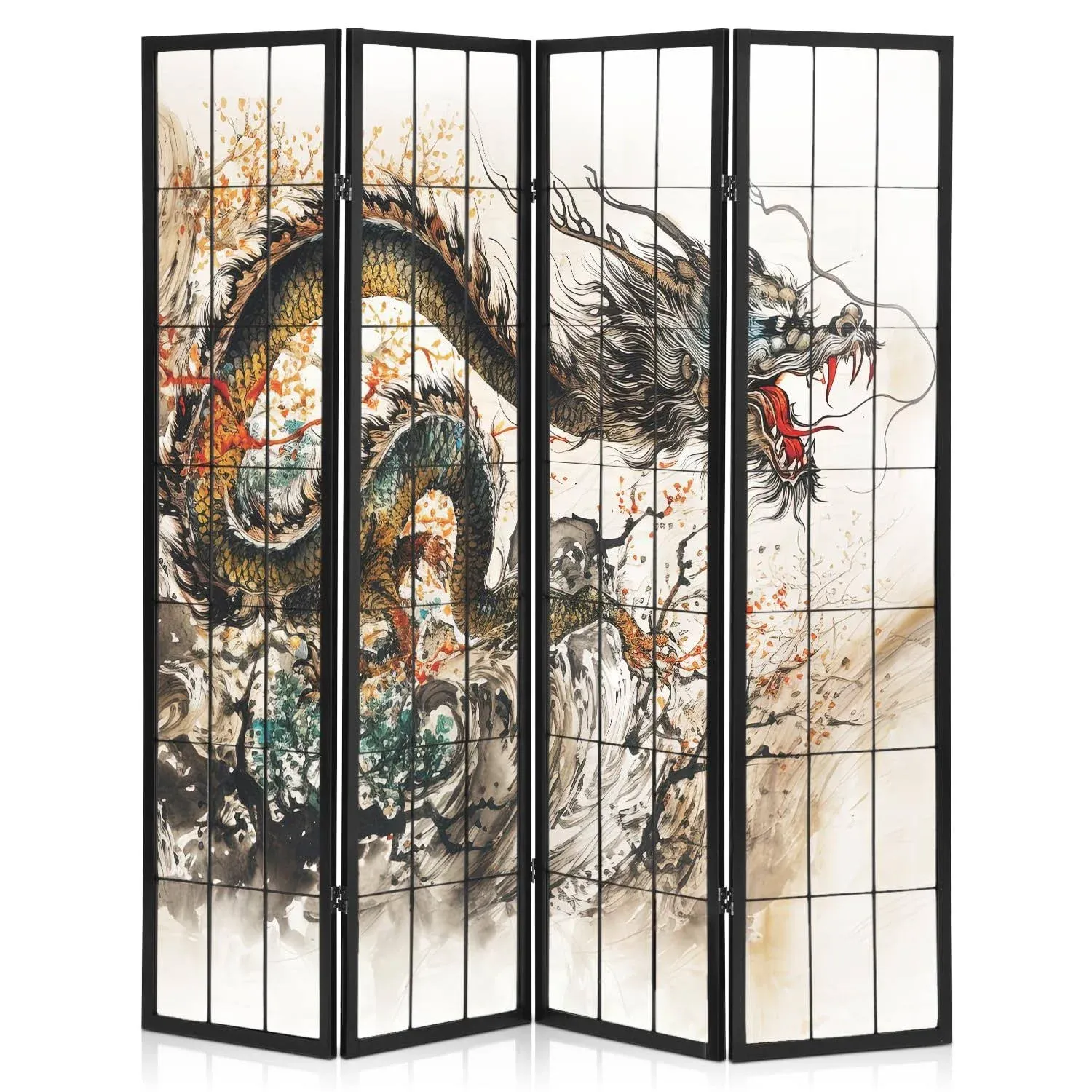 MoNiBloom 4-Panel Shoji Screen Room Divider, 5.9 ft Wood Dragon Pattern Room ...