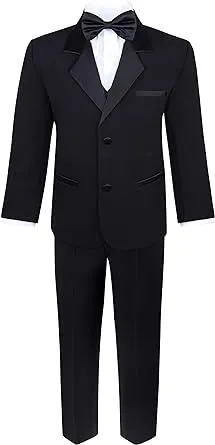 Boys' 5-Piece Tuxedo Set: Premium Formal Jacket, Pants, Shirt, Vest & Bow Tie