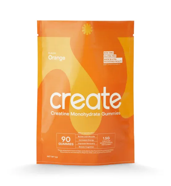 Create Gomitas de Monohidrato de Creatina para Hombres y Mujeres, Aumenta el Enfoque, la Fuerza y la Resistencia, Fórmula Antiderretida, Vegana, sin Gluten, sin Gmo, 1.5 G de Creatina por Gomita (Naranja, 90 Uds)