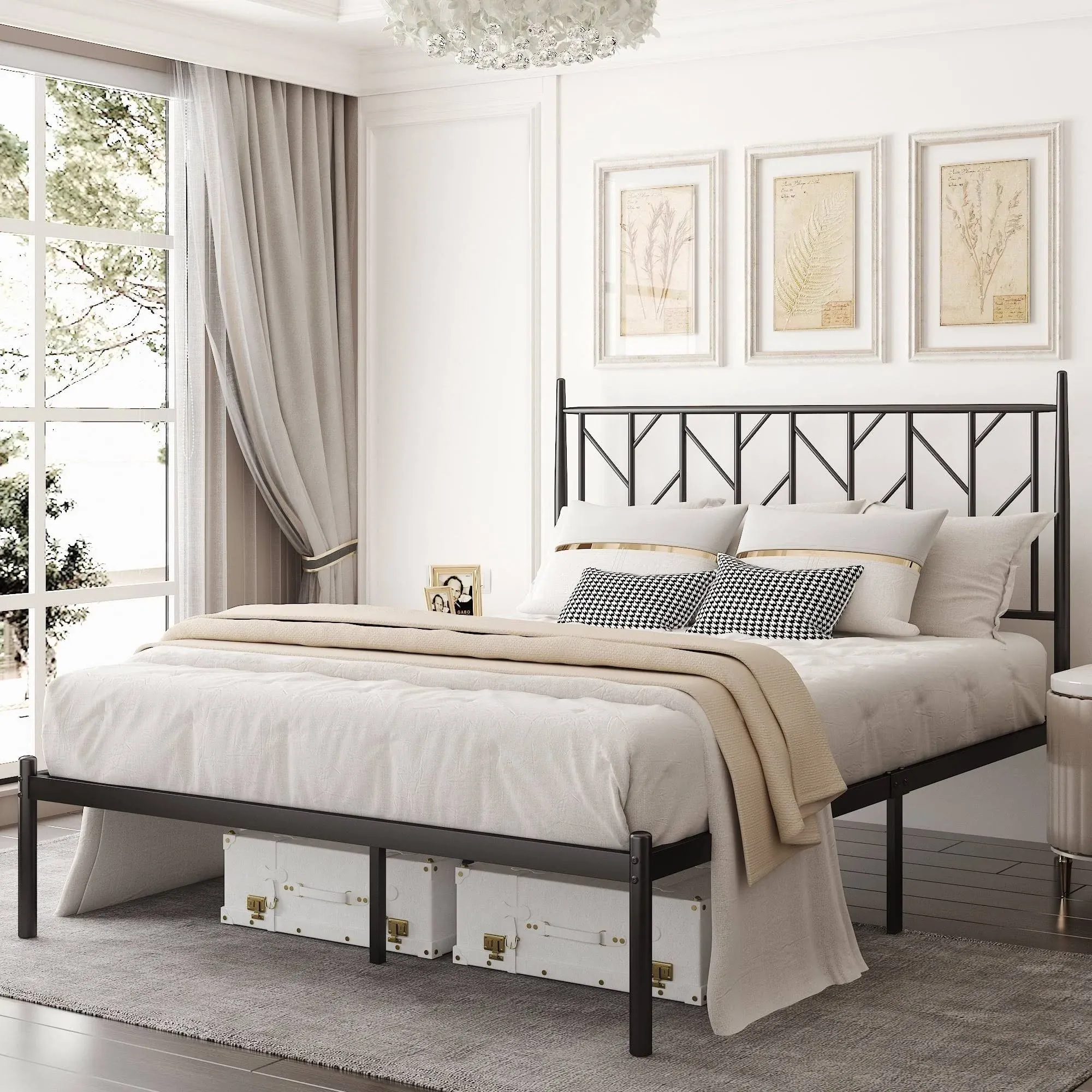 Allewie Queen Size Platform Bed Frame with Vintage Headboard