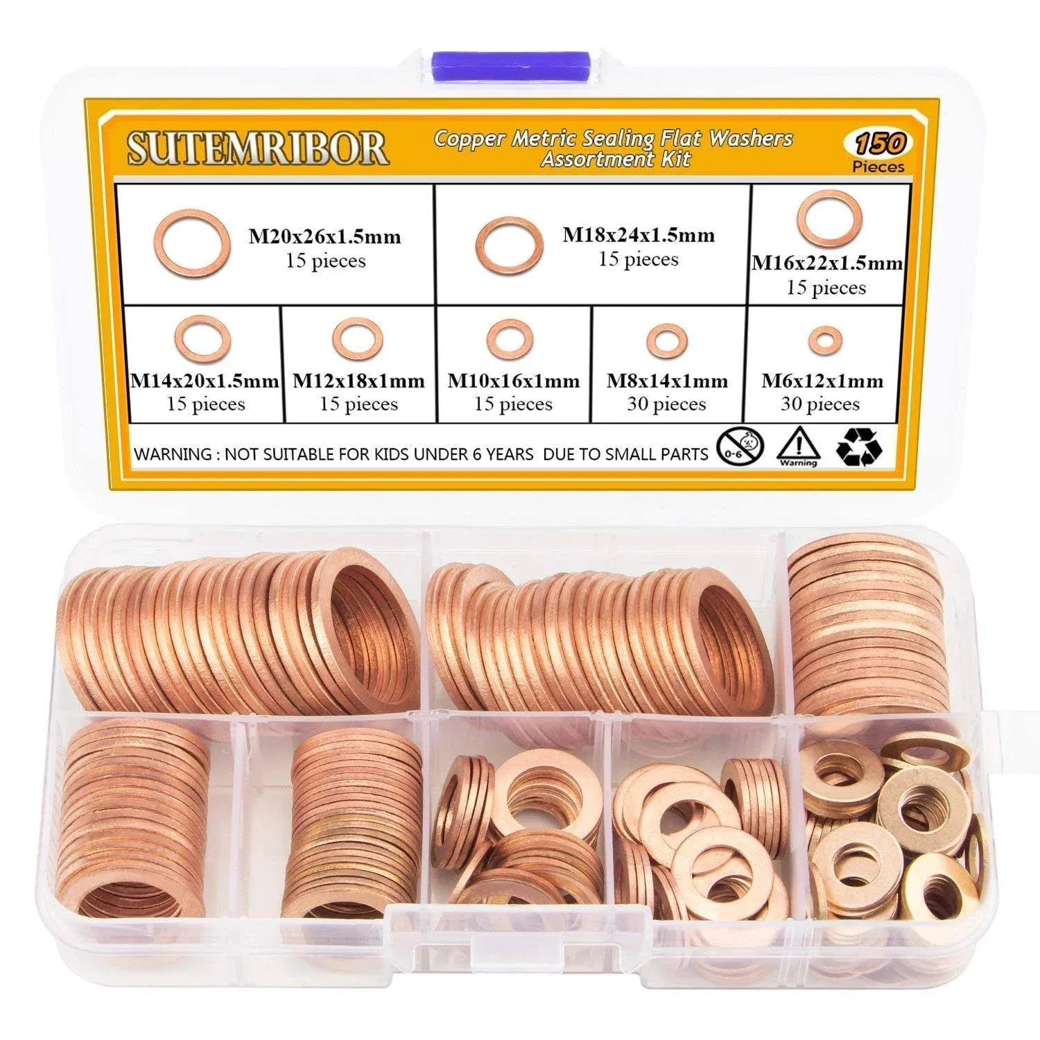 Sutemribor 150pcs 8 Sizes Copper Metric Sealing Washers Flat Washers Assortment Kit