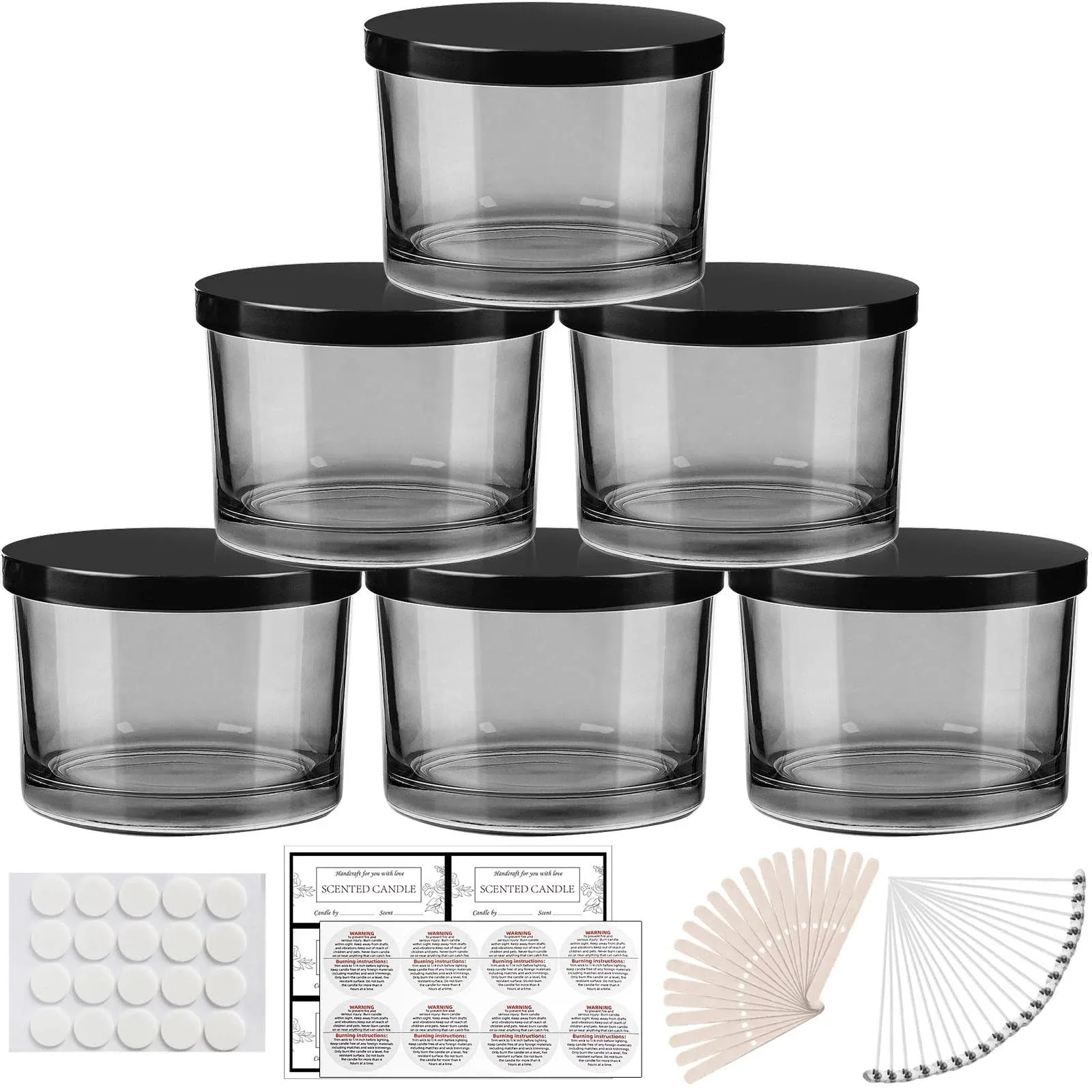 CONNOO 6 Pack 16 oz Candle Jars - 3 Wicks Grey Empty Glass Wide Mouth Candle Jars Come with Metal Lids Sticky Warning Labels and A Candle Wick Kit