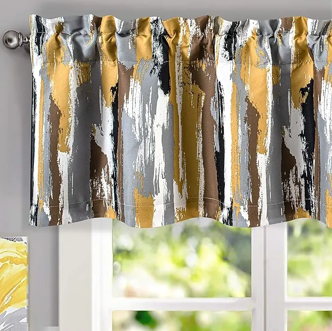 DriftAway Paint Brush Watercolor Lined Thermal Insulated Blackout Window Curtain Valance Rod Pocket Gold Black Ink Stripe Pattern 2 Layers 52 inch