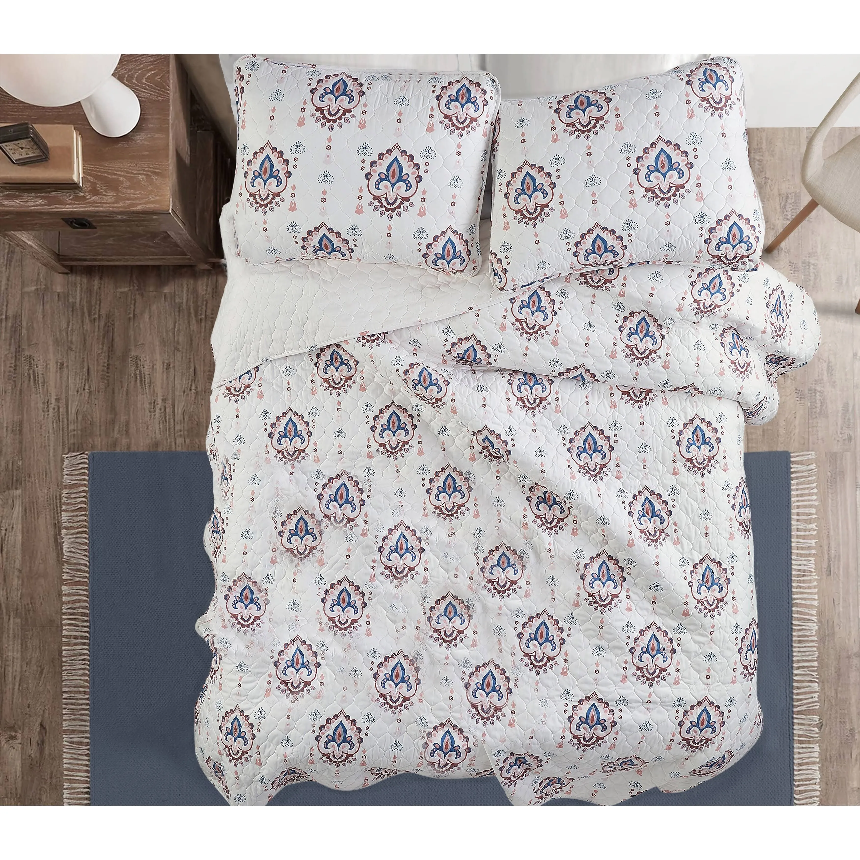 Lucky Brand Paisley Ikat 3 Piece Quilt Set, King - Brown Blue White