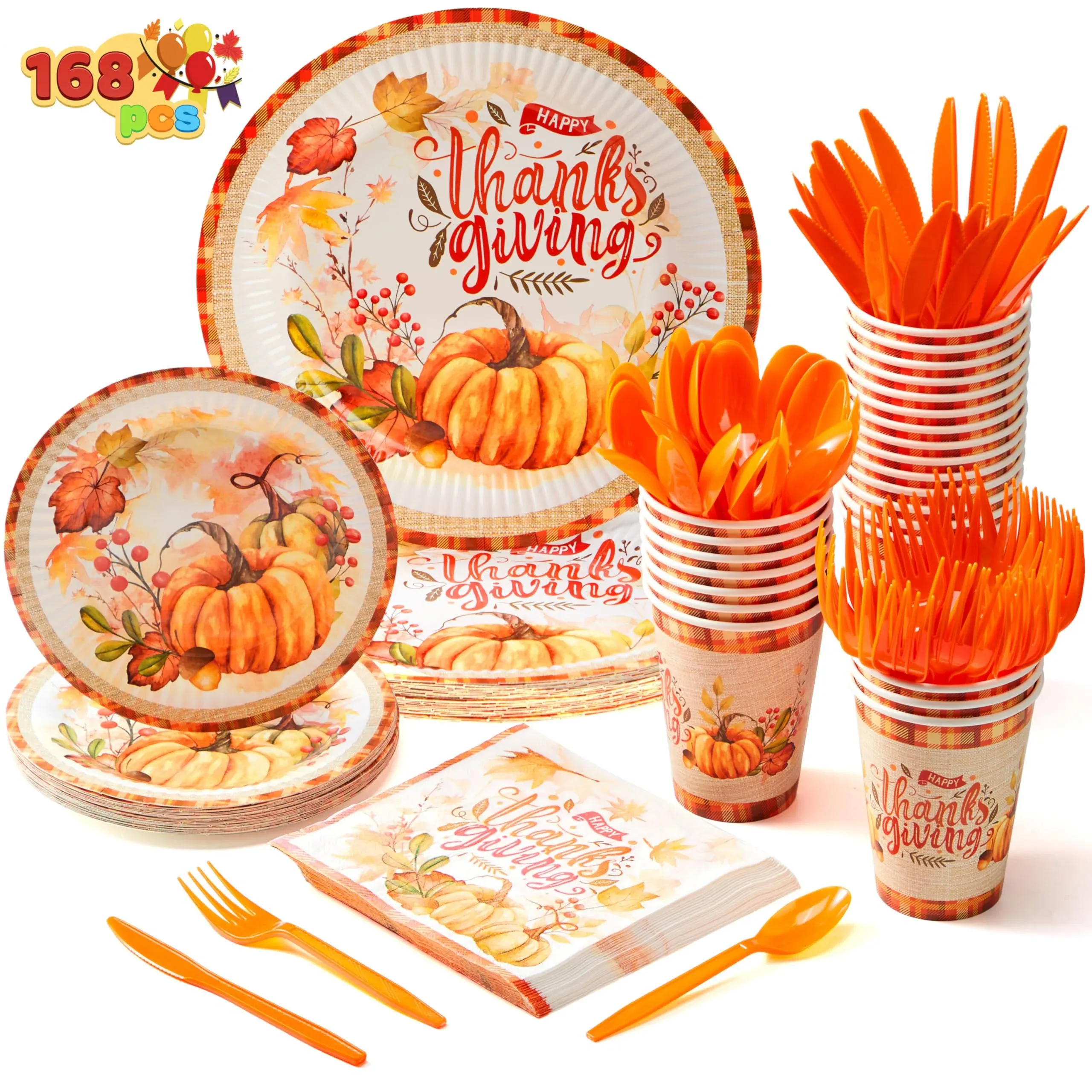 168PCS Thanksgiving Plates and Napkins Set Thanksgiving Party Decorations 