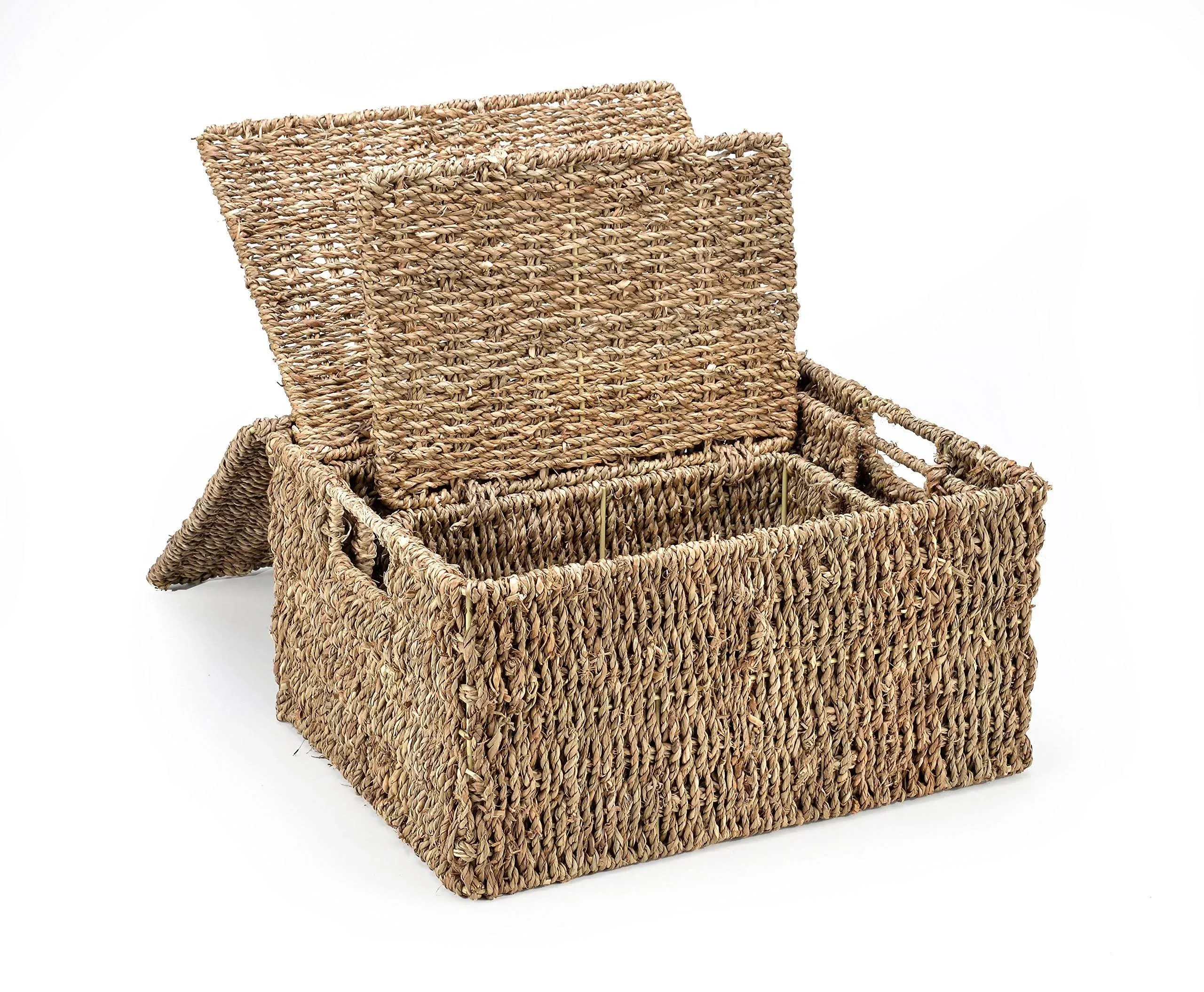 Trademark Innovations Rectangular Seagrass Baskets with Lids Set of 3