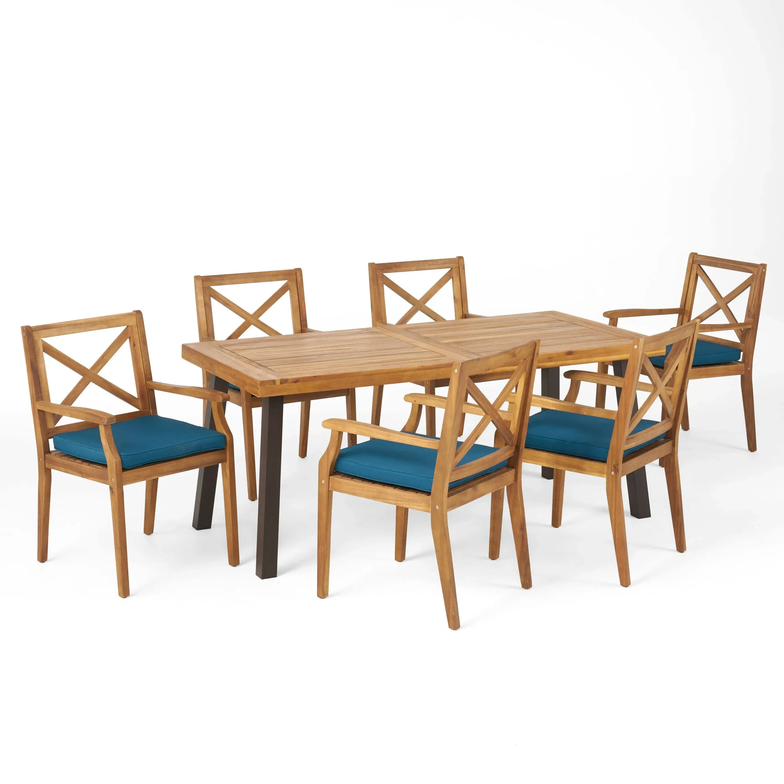 Christopher Knight Home Justin Outdoor 7 Piece Acacia Wood Dining Set, Teak Finish/Rustic Metal/Blue