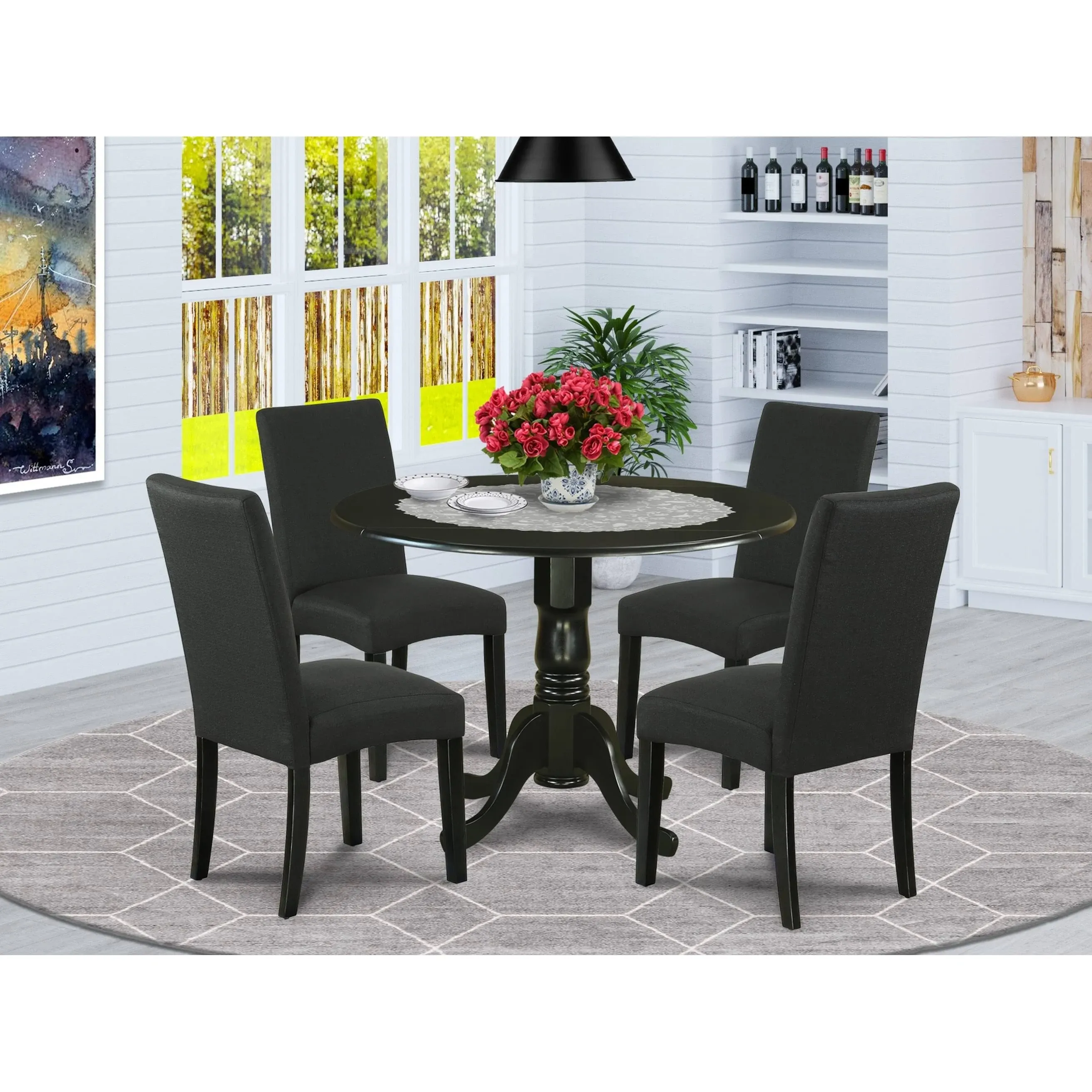 East West Furniture DLDR5-BLK-24 5 Piece Modern Dining Table Set Includes a Round Wooden Table with Dropleaf and 4 Black Color Linen Fabric Upholstered Chairs, 42x42 Inch, Black