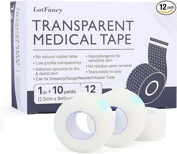 LotFancy Transparent Medical Tape, 12 Rolls Adhesive Clear Hypoallergenic Surgical Tape, PE First Aid Tape for Wound, Bandage, 1inch x 10Yards, Sensitive Skin, Latex Free