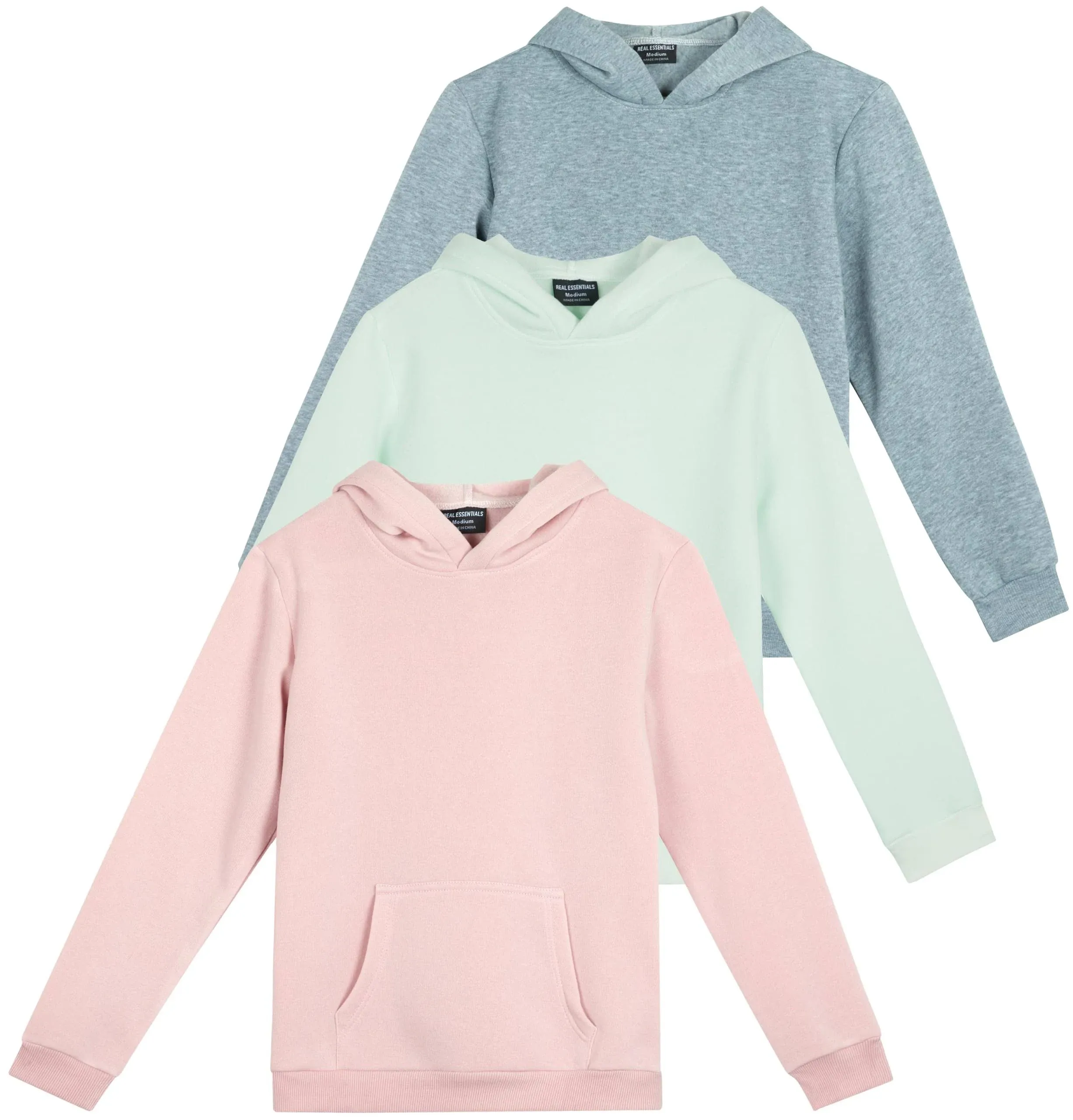 Real Essentials 3 Pack: Girls' Soft Brushed Fleece Pullover Hoodie Sweatshirt ...