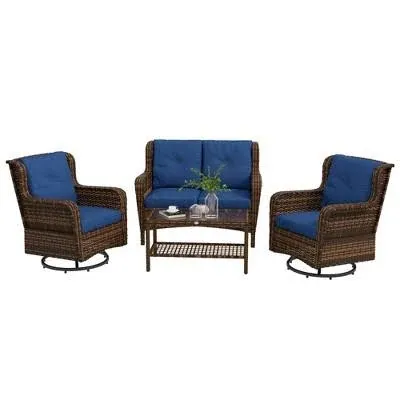 Outsunny 4 Piece PE Wicker Patio Furniture Set, Conversation Set with 2 360° Swivel Rocking Armchairs, 1 Loveseat Sofa - Dark Blue