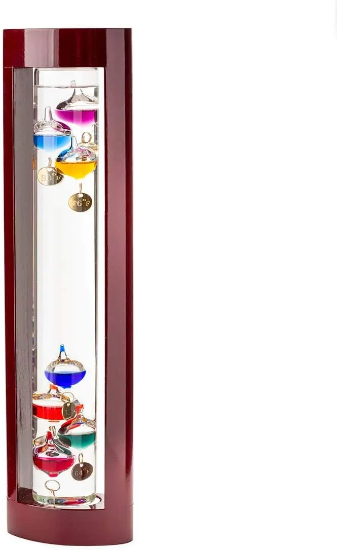 Galileo Glass Thermometer | 14.5-Inches Tall with Cherry Wood Frame | Law of Physics | Indoor Room Temperature for Home House Office Desk Counter Tabletop | Holiday Gift Present