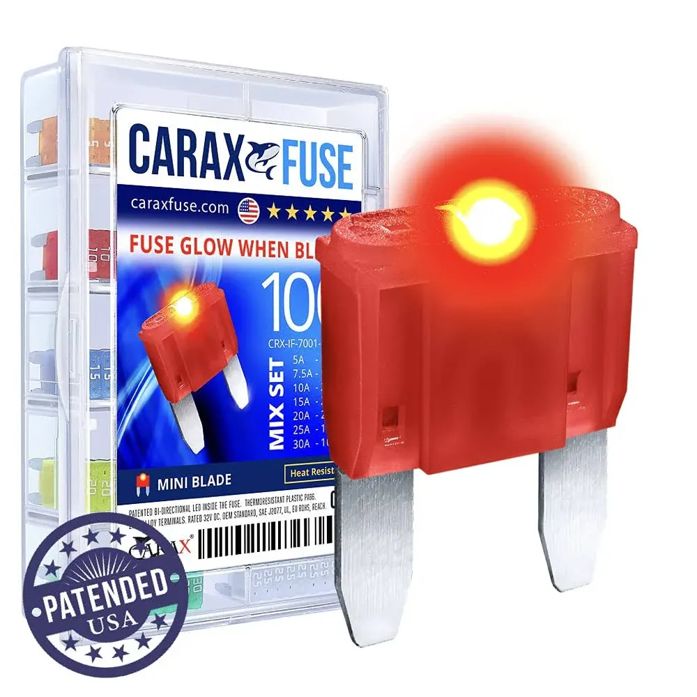 CARAX Glow Fuse – Premium Fuse Mini Blade – 100 pcs. Assortment Kit – Glow When Blown LED Automotive Fuse – Smart Auto Glow Fuse Easy Identification