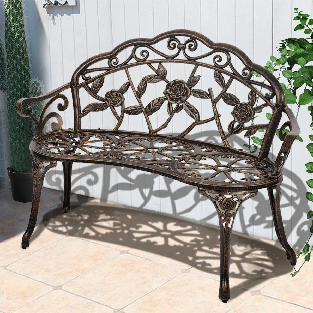 Patio Garden Bench Outdoor Metal Rose Loveseat,39In Cast Iron Well-Crafted Flora