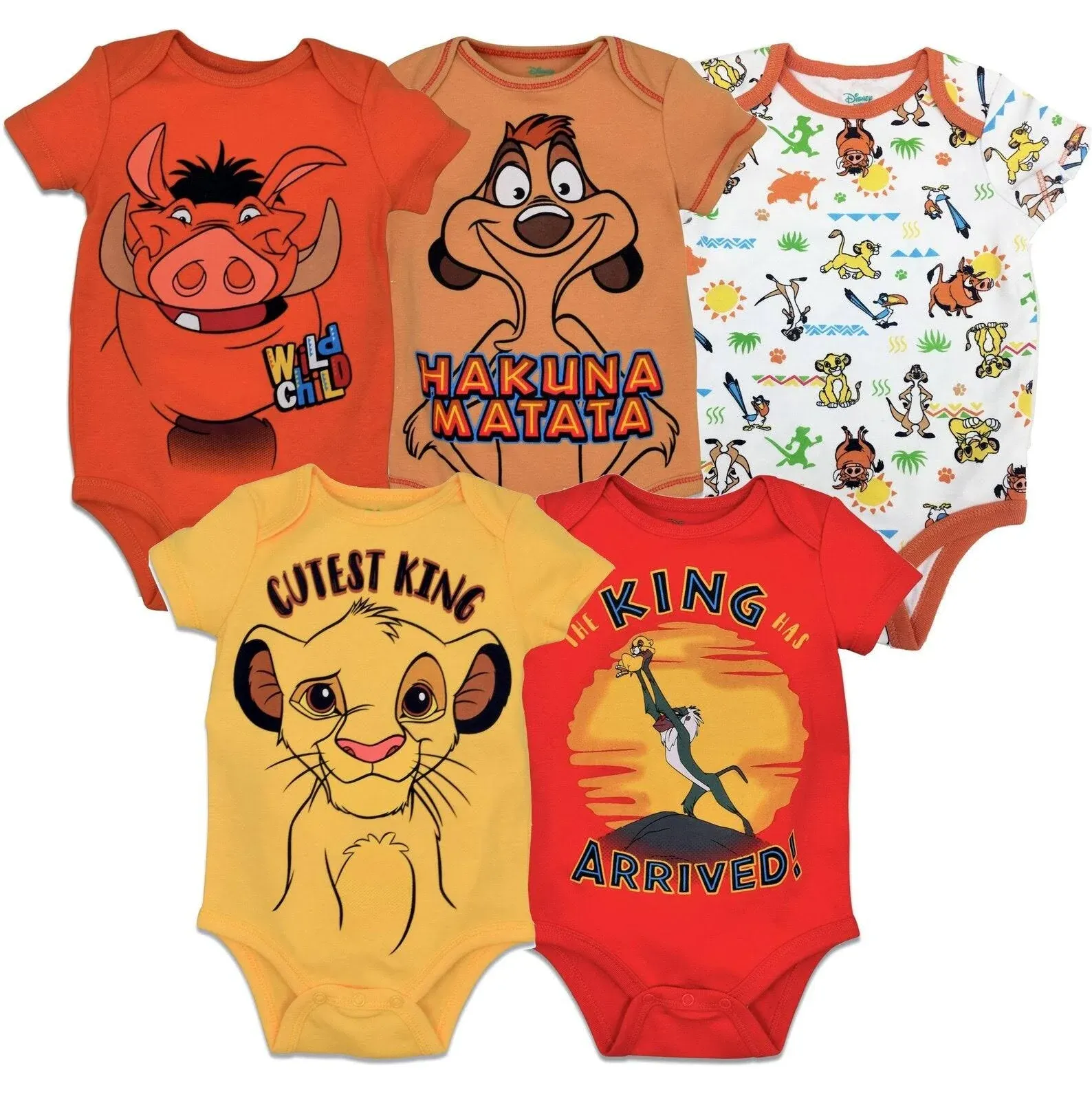 Disney Lion King Baby Boys' 5 Pack Bodysuits Simba Timon Pumbaa 0-3 Months