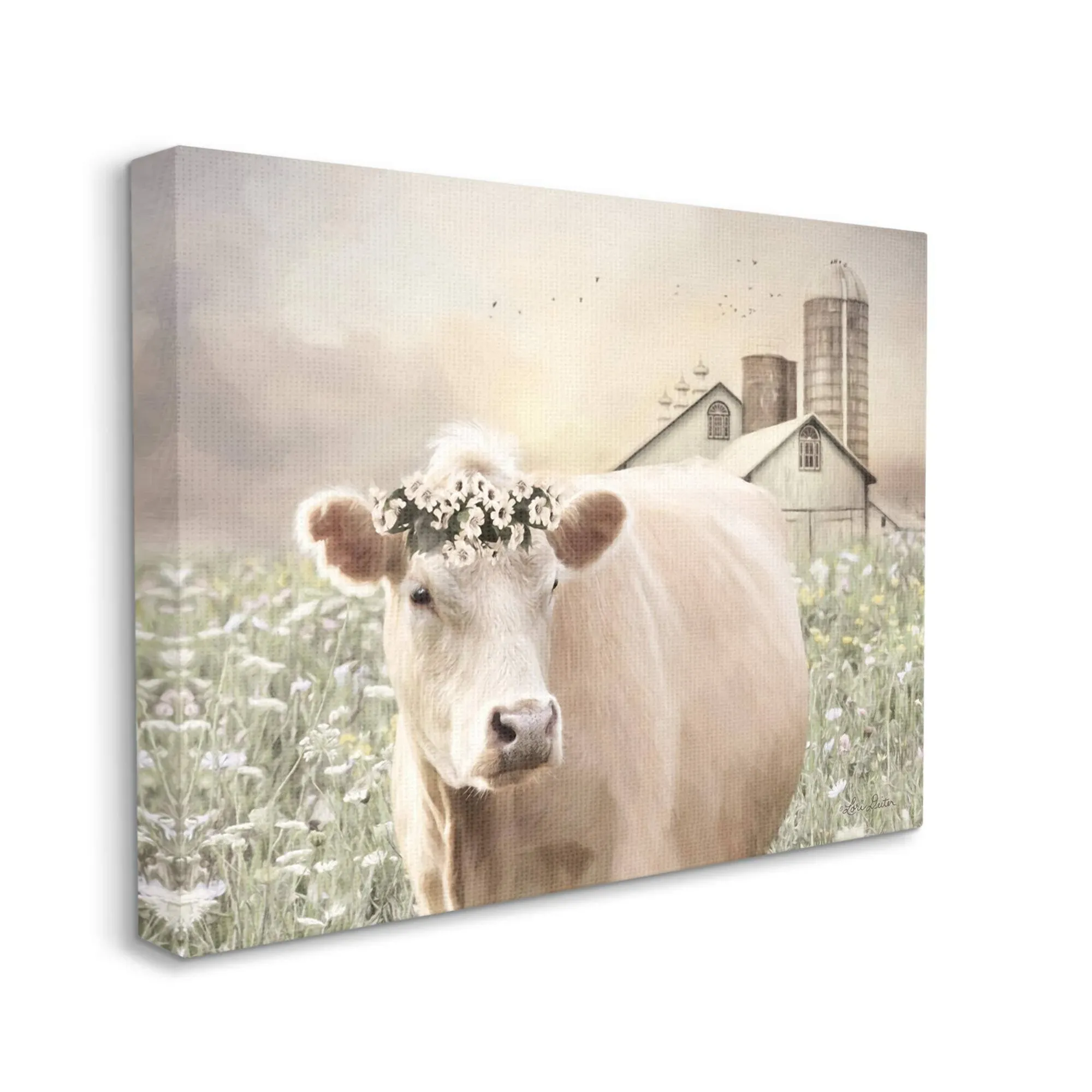 Stupell Industries Realistic Cow Floral Crown Tranquil Farm Field, Designed by Lori Deiter Canvas Wall Art, 16 x 20, Green