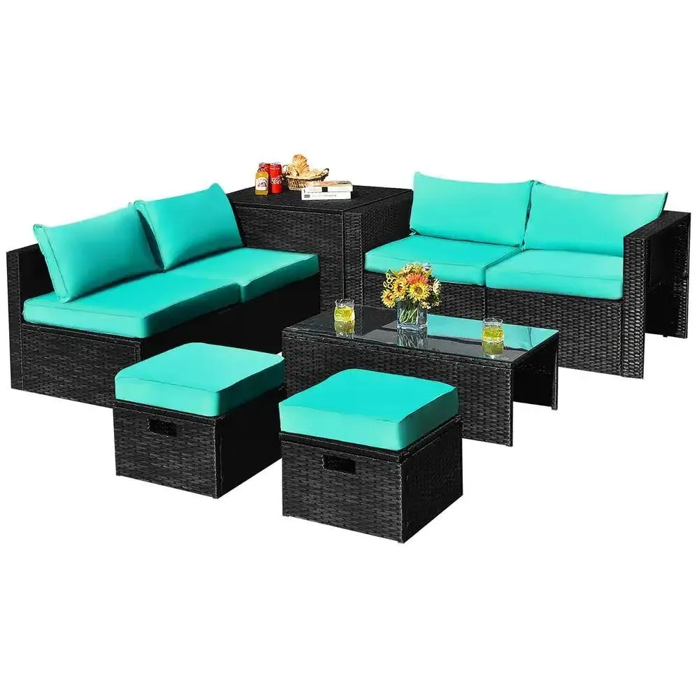 8 Pieces Patio Rattan Storage Table Furniture Set-Turquoise