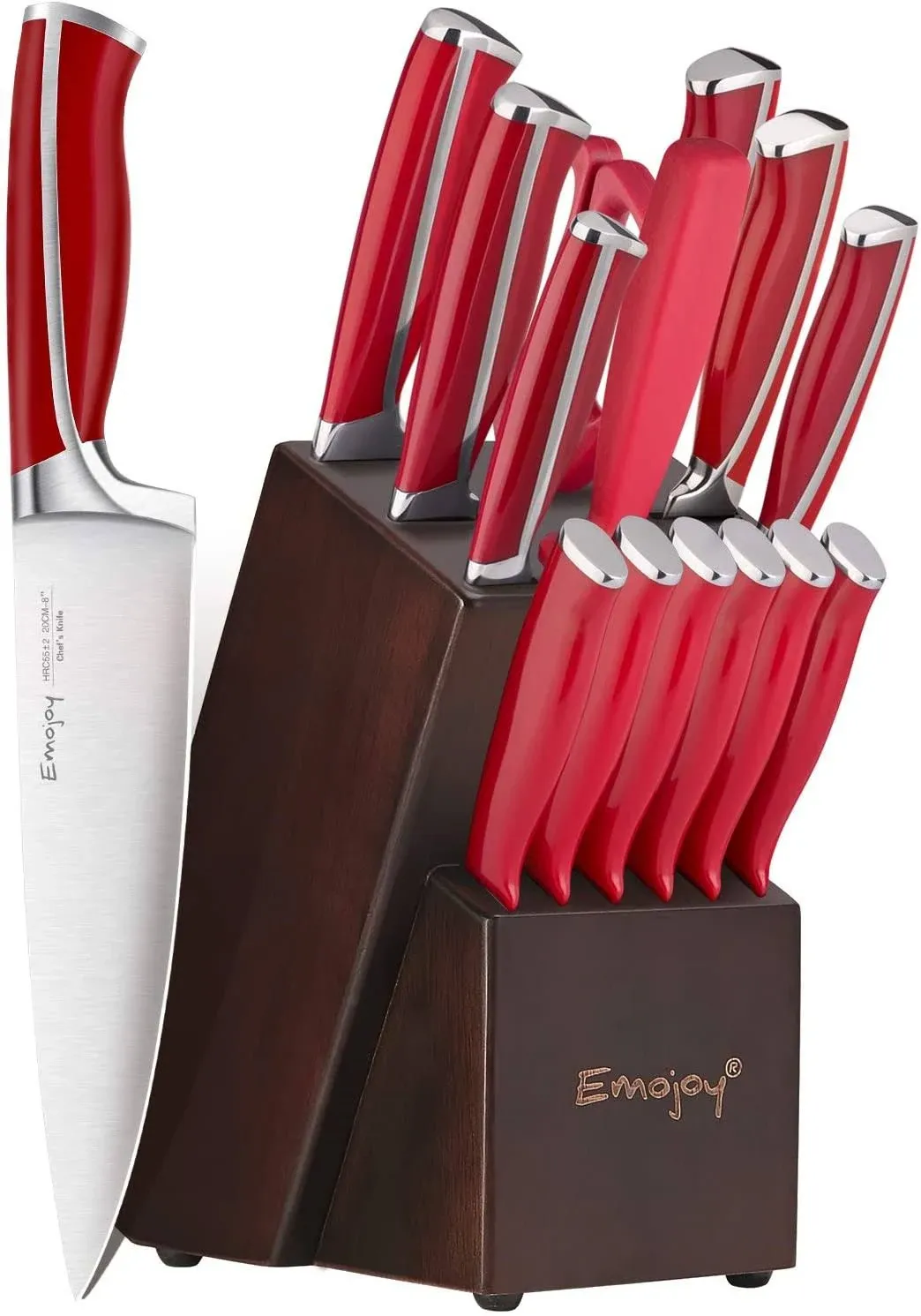 Emojoy Knife Set, 15-Piece Kitchen Knife Set with Block Wooden, Red Ha