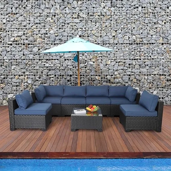 Valita 7 Piece Outdoor PE Wicker Furniture Set, Patio Black Rattan Sectional Sofa Couch with Washable Khaki Cushions,Adjustable Gas Fire Pit