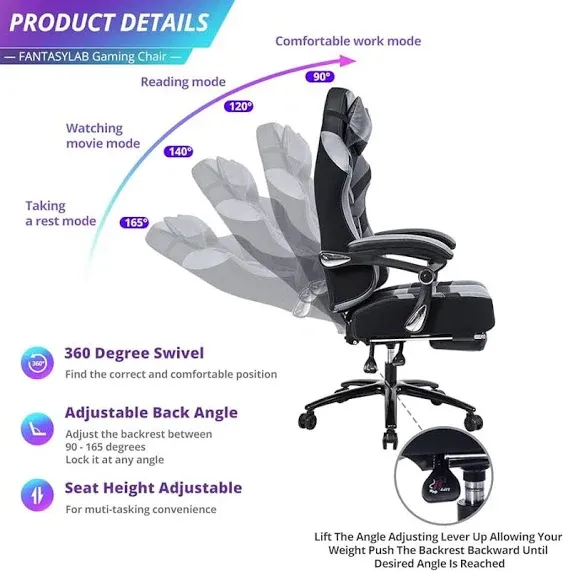 Fantasylab Big and Tall Gaming Chair 400lbs Gaming Chair with Footrest Massage Gaming Chair Memory Foam Adjustable Tilt Back Angle Gaming Chair for