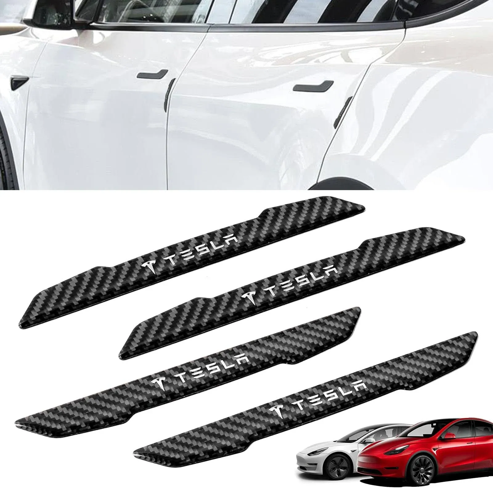 ONKENTET 4 Pcs Car Door Corner Bumper Guards Strip Compatible with Tesla Model 3 Y X S Exterior Sticker Wrap Handle Cover Real Carbon Fiber