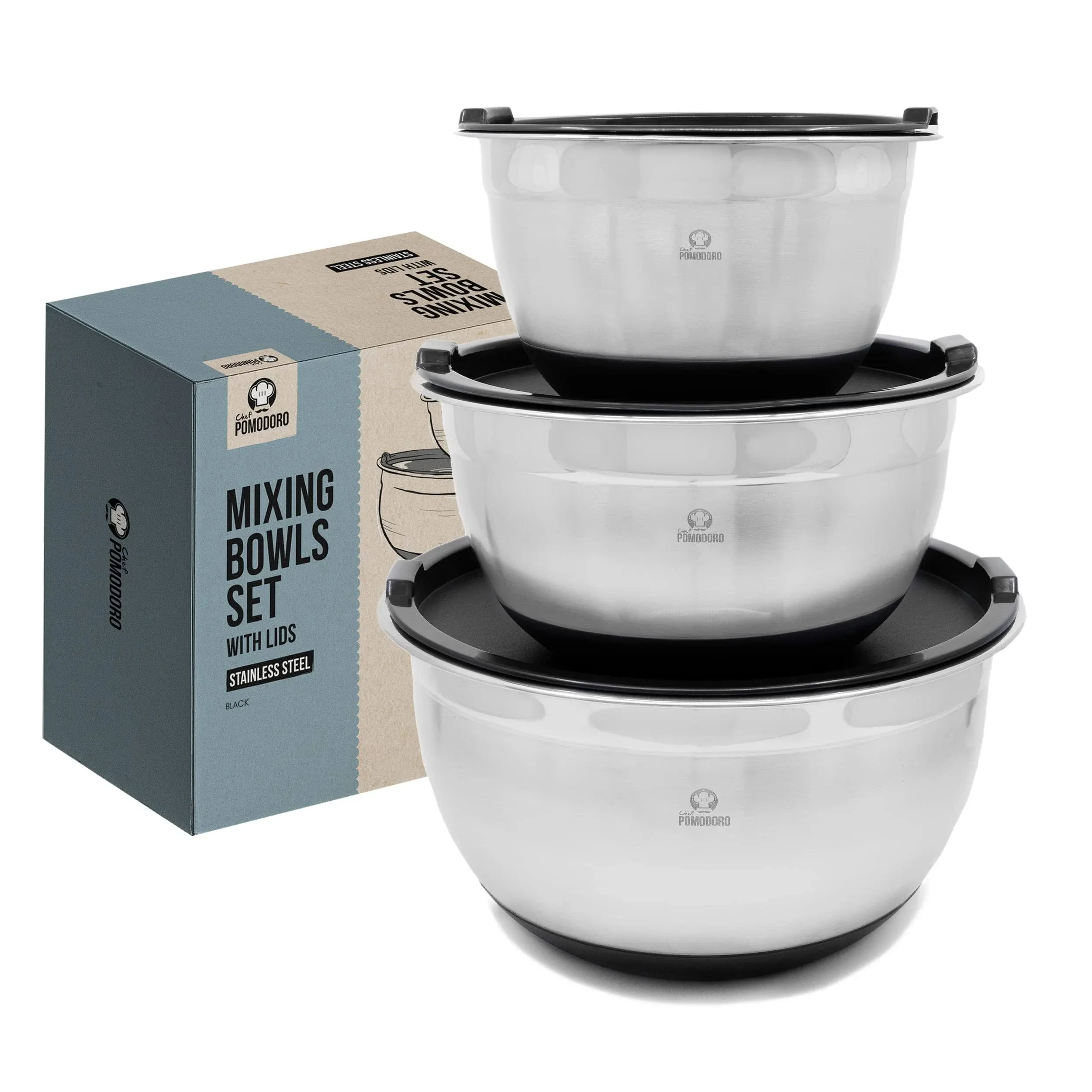 Chef Pomodoro Stainless Steel Mixing Bowl Set, Metal Mixing Bowls with Lids Set, Non-Slip Silicone Base, Nesting Bowls - 3 Piece (1.5 qt, 3 qt, 5 qt)